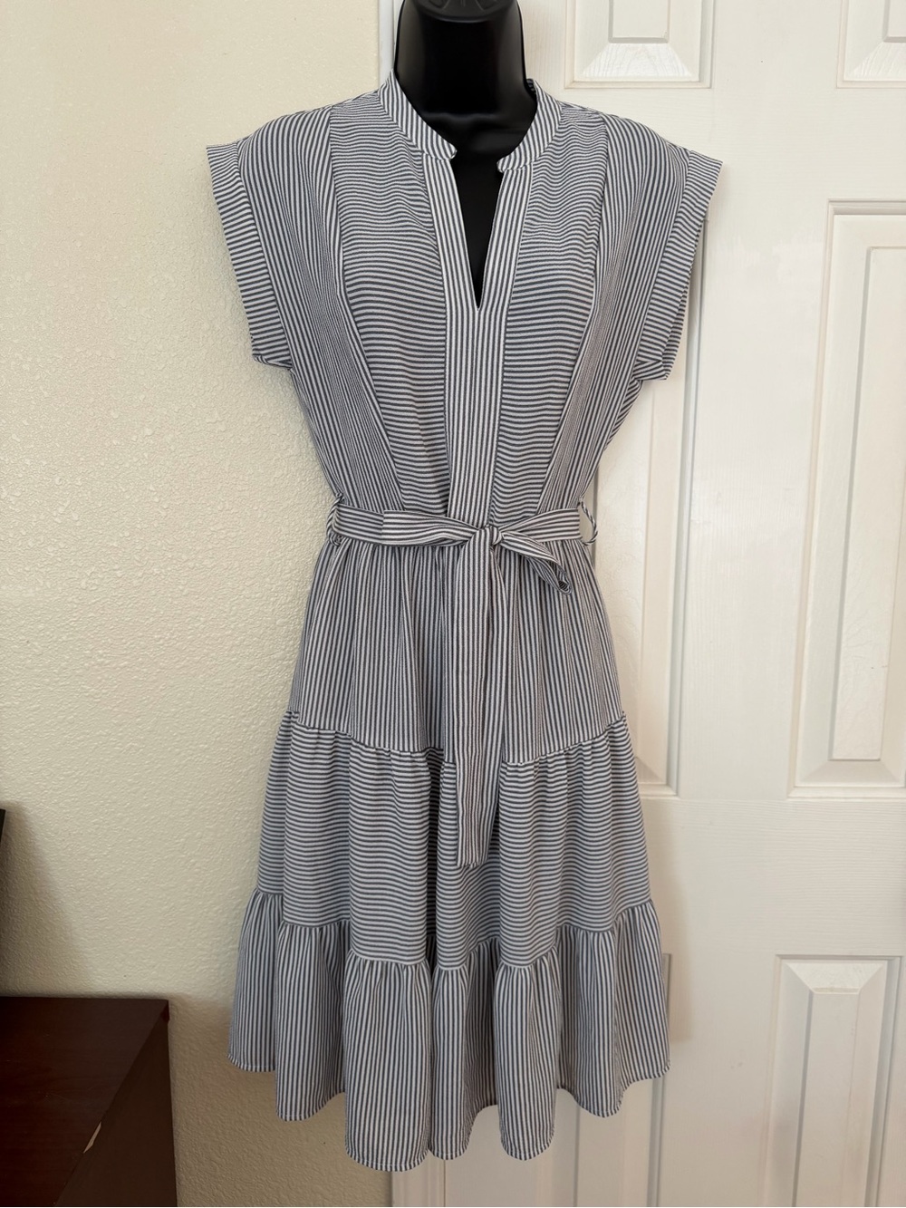 Monteau Navy & White Striped Tie-Waist Tiered Midi Dress with Cap Sleeves